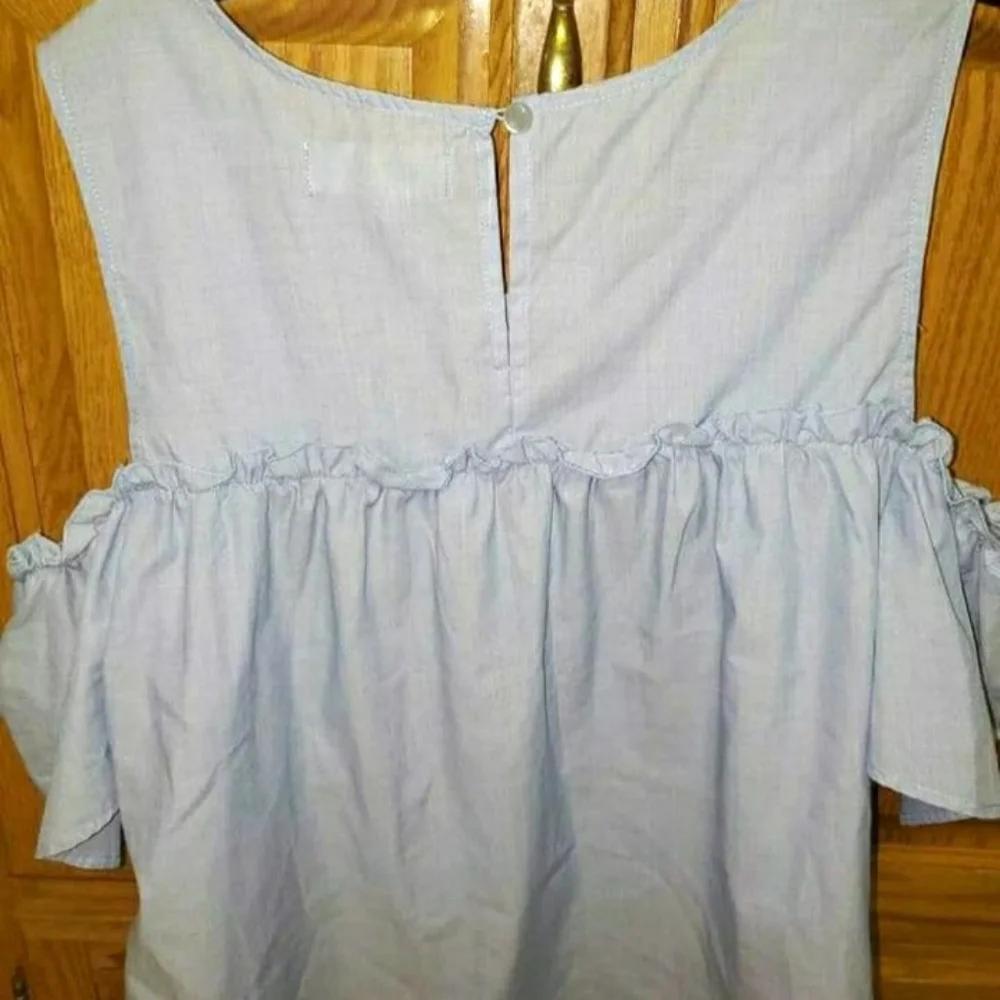 Womens sz XXL blue white pinstripe no comment could shoulder top - Picture 2 of 7